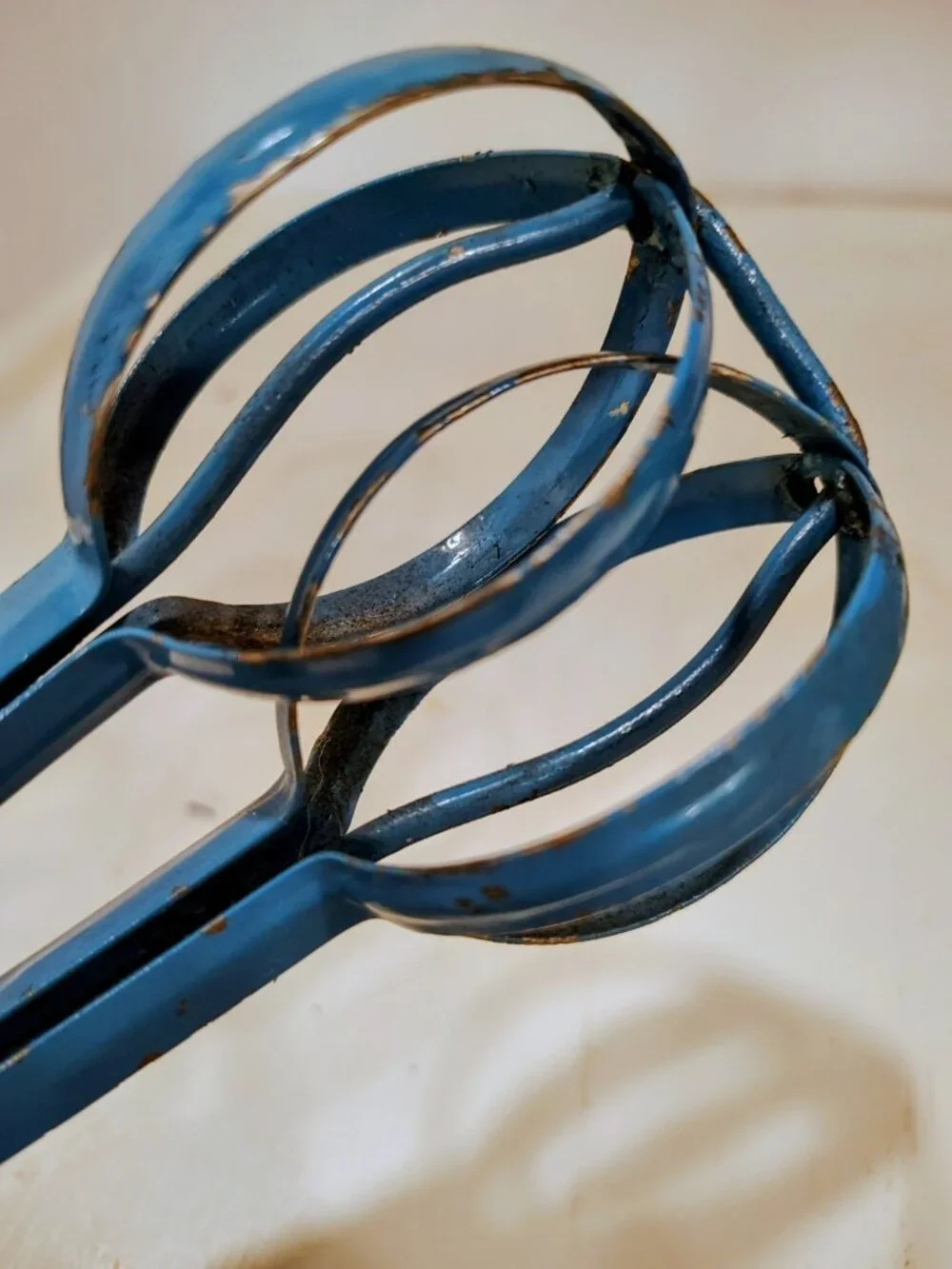 Vintage Blue A&J Super Center Drive Egg Beater Wood Handle Hand Mixer USA